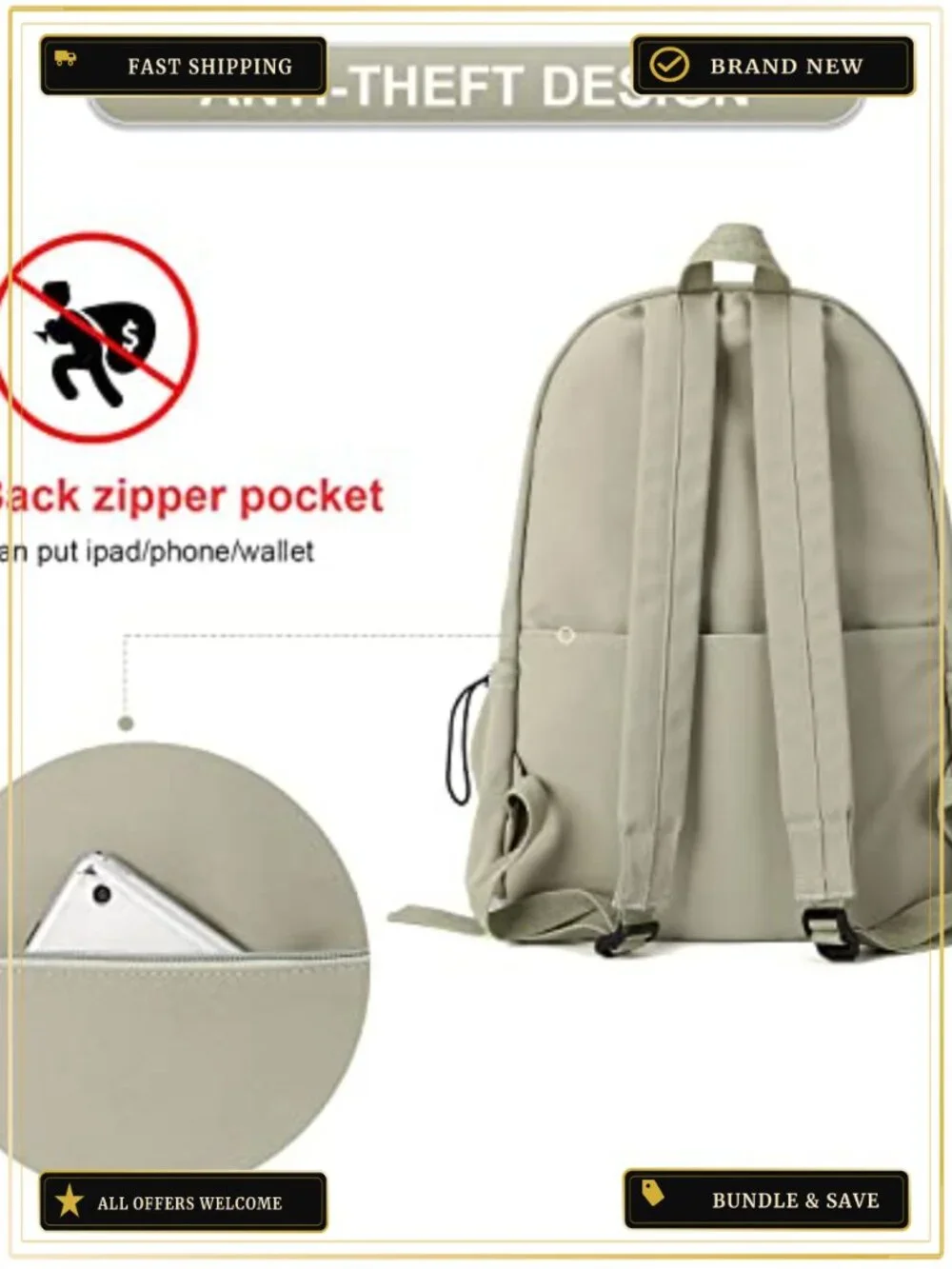 Water Resistant Nylon Backpack with Laptop Compartment for School Travel - 24L
